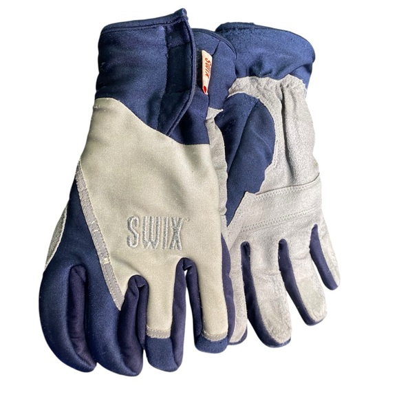 Swix Cross Country Ski Glove Leather Palm Gray Blue Adjustable Cuff 90s Unisex - Picture 1 of 9